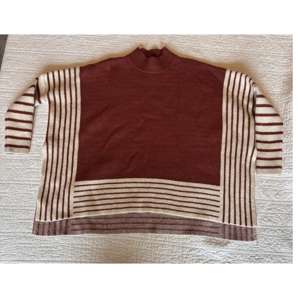Entro Brown Striped‎ Oversized Sweater Mock Neck S/M Brown Cream Side Slit